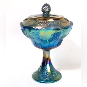 Vintage Indiana Blue Purple Harvest Grape Carnival Glass Compote with lid MINT